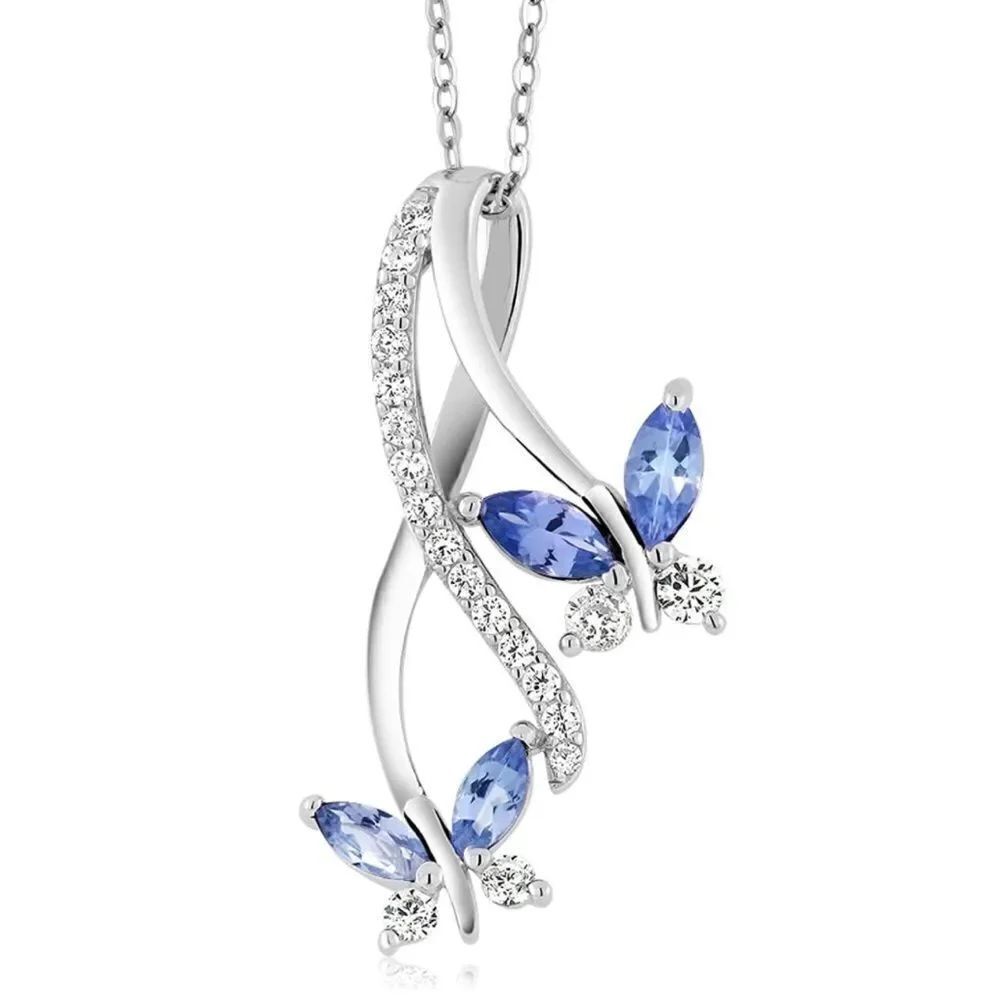 .925 Sterling Silver with Blue Tanzanite and Cubic Zirconia Butterfly Necklace